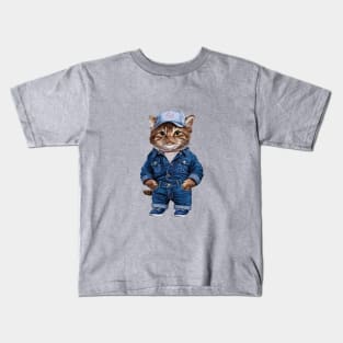 Cat Worker On Denim Kids T-Shirt